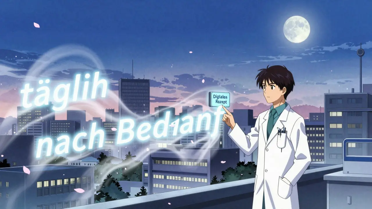 Lateinische Abkürzungen lösen sich auf und werden durch klare deutsche Medikationsanweisungen in einer futuristischen Stadt ersetzt.