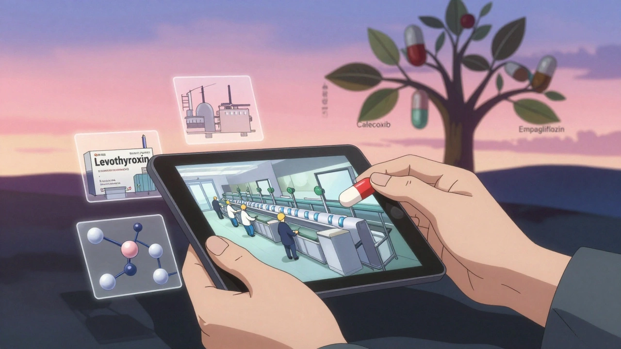 Microscopische Darstellung identischer Wirkstoffe eines Medikaments mit überlagerten Fabrik- und Formulierungs-Visualisierungen.