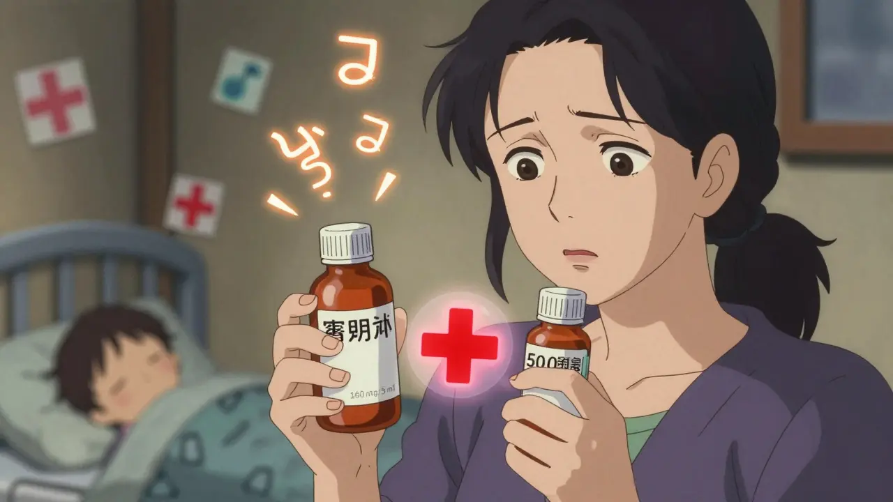 Mutter hält zwei Flaschen mit unterschiedlichen Paracetamol-Konzentrationen und erkennt den Unterschied.