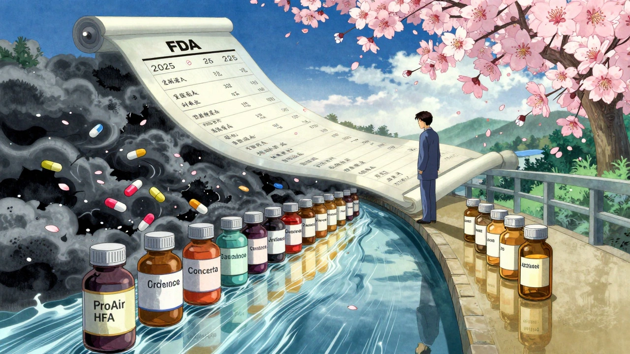 Patient auf einer Brücke zwischen chaotischen Generika und ruhigen autorisierten Generika, mit medizinischer Liste am Himmel.