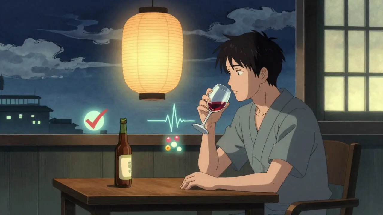 Patient genießt ein Glas Wein in ruhiger Abendatmosphäre – ohne negative Reaktion.