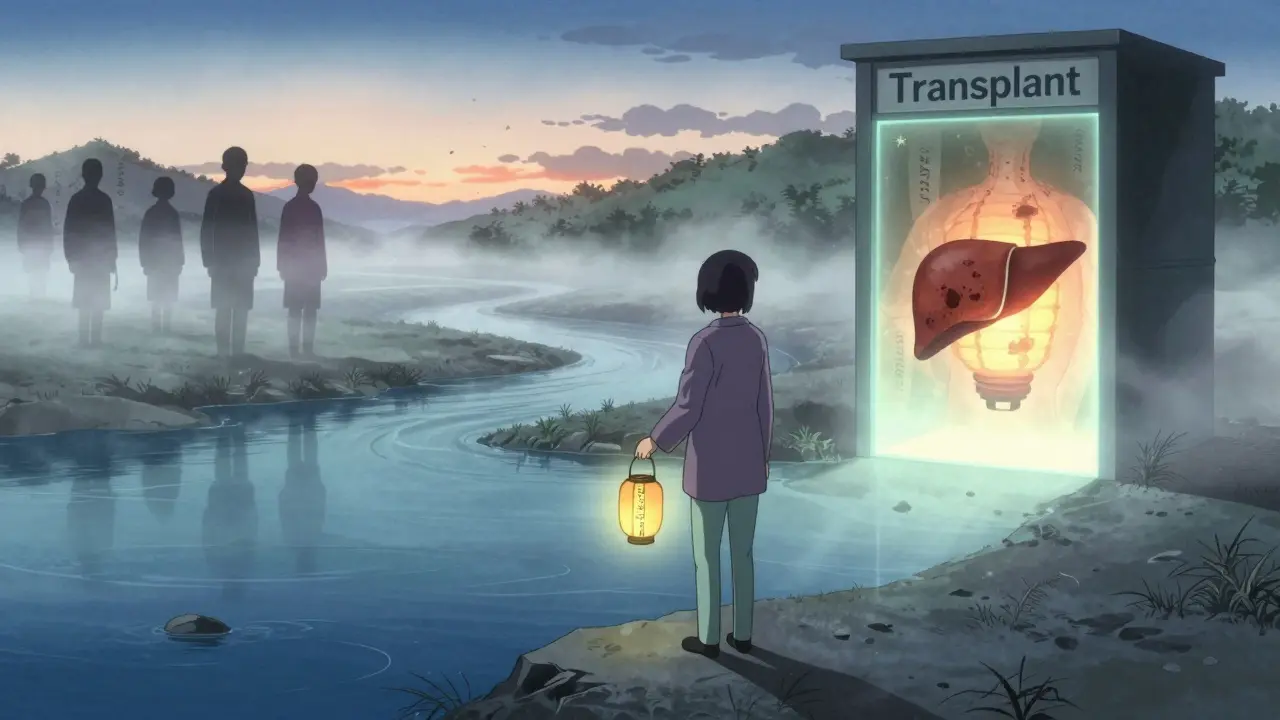 Patient hält eine Laterne mit '6-Monats-Kontrolle', während ein Transplantationsportal in der Ferne leuchtet.