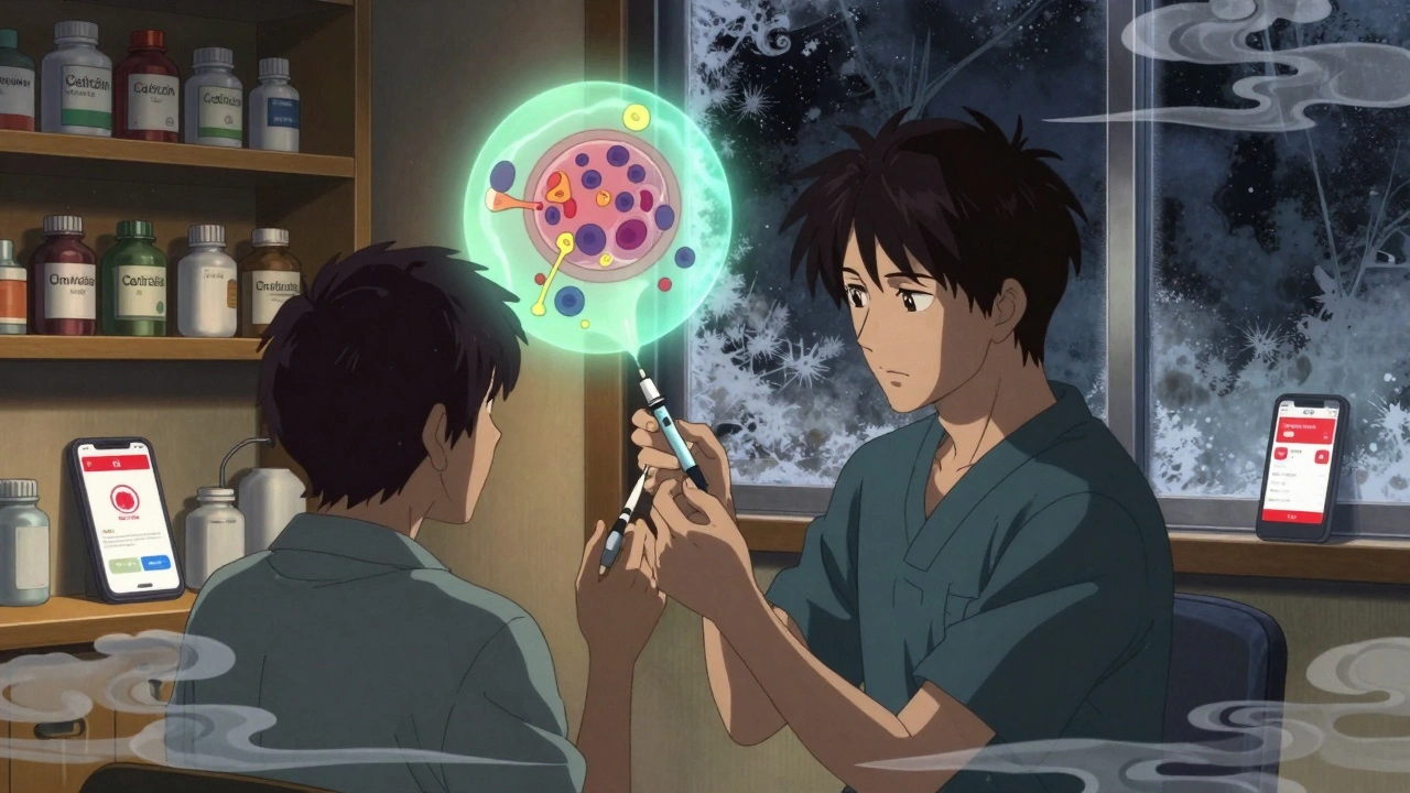 Patient injiziert EpiPen, medizinische Diagramme und Medikamentenflaschen im Hintergrund.