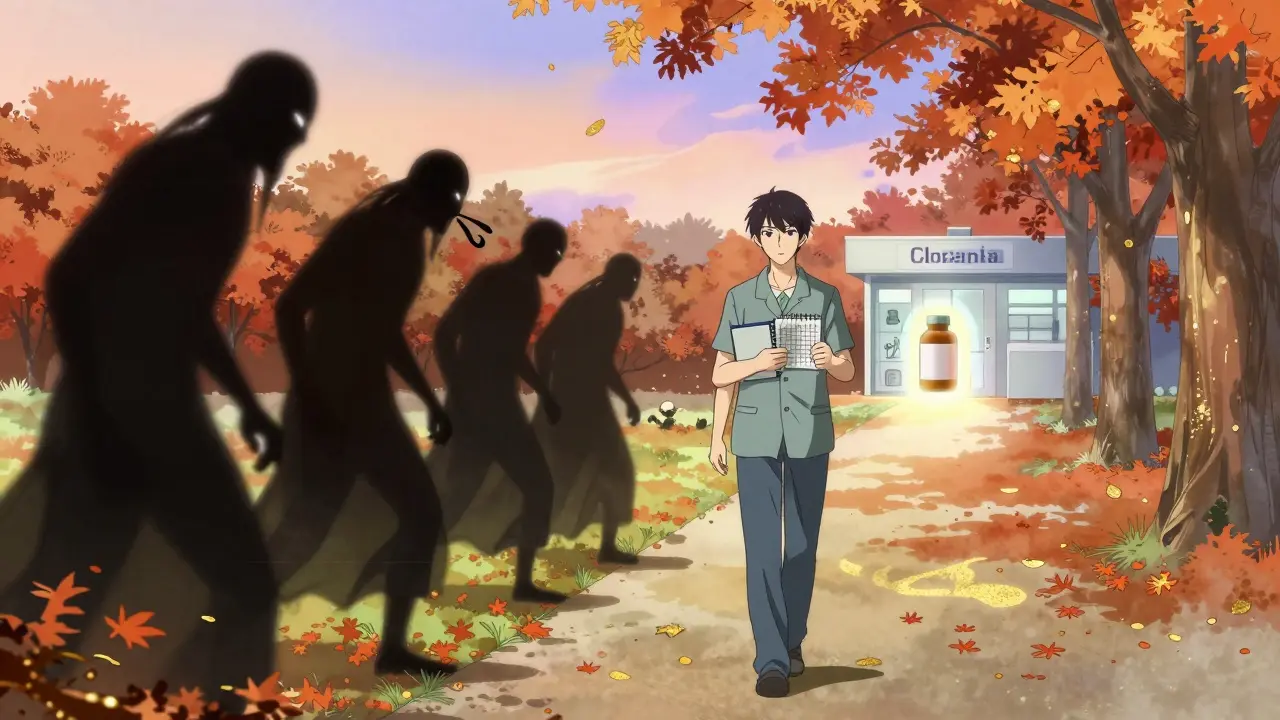 Patient walks in autumn park with health journal, shadowy drug demons behind, healing path ahead.