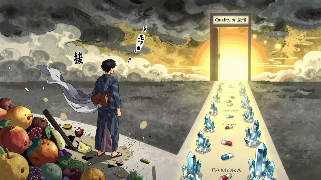 Patientin an einer Kreuzung: eine Seite mit zusammenbrechenden Ballaststoffen, die andere mit leuchtenden Medikamenten zur Lebensqualität.