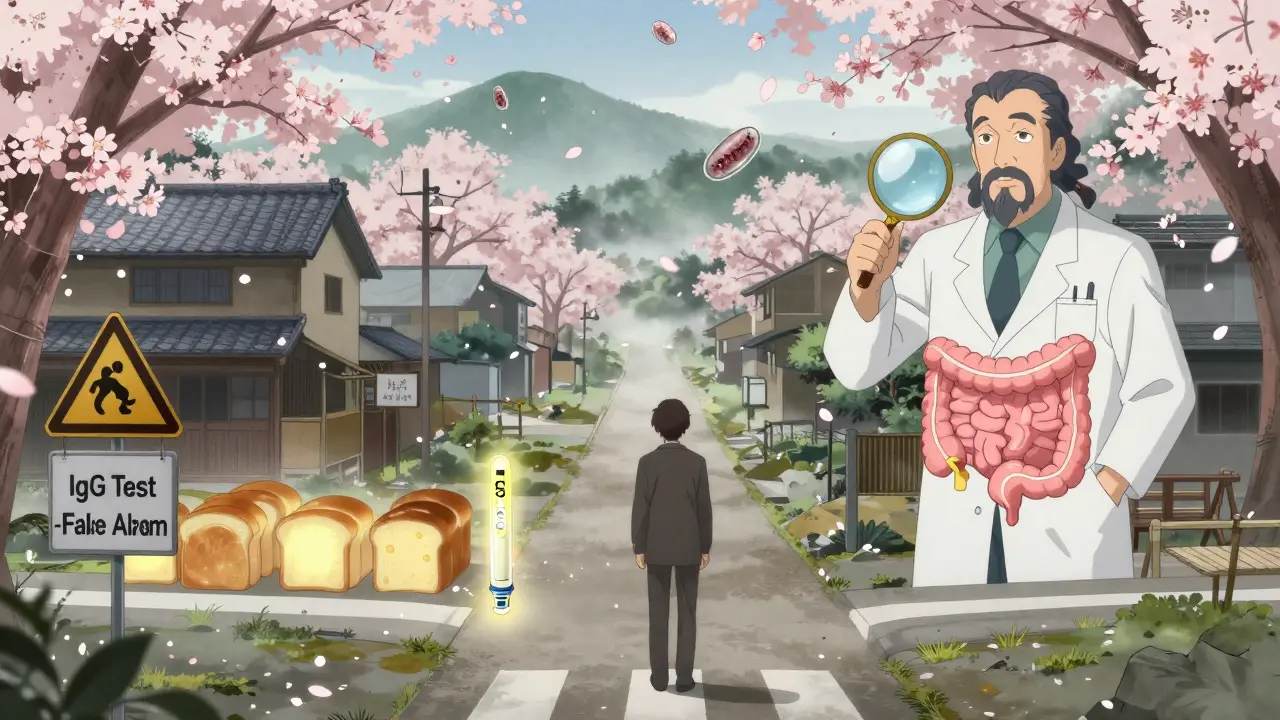 Person at a crossroads choosing between false allergy tests and a safe path guided by an EpiPen and doctor.