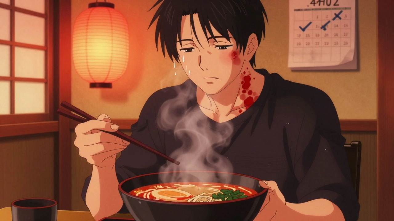 Person bei scharfem Essen, rote Ausschläge breiten sich am Hals aus.