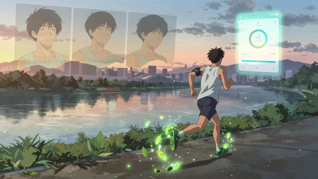 Person joggt am Fluss, Fußspuren strahlen Lebenssymbole aus, drei Versionen ihrer selbst im Spiegel.