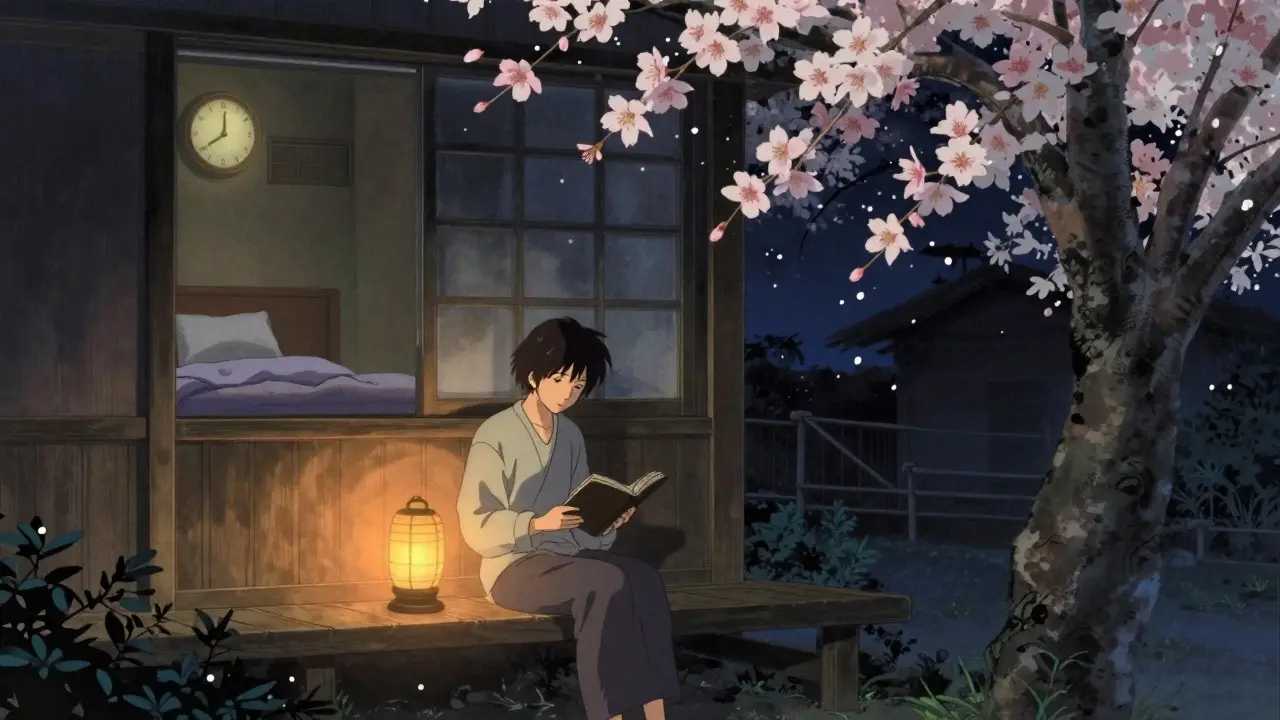 Person liest beruhigend unter einer Laterne, dunkles Schlafzimmerfenster dahinter, Kirschblüten wehen in der Nacht.