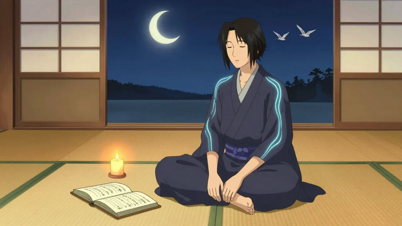 Person praktiziert Entspannung auf Tatami-Boden, Schlafprotokoll und Kerze, friedliche Nachtlandschaft draußen.