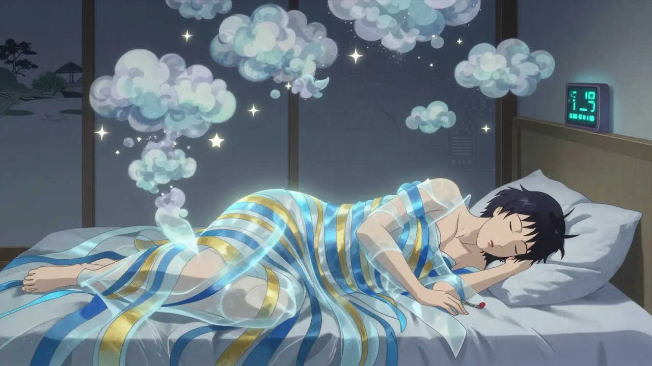 Person tief und ruhig schlafend, Atemenergie als fließende Bänder, Gedanken lösen sich in Sterne auf, minimalistisches Zimmer.