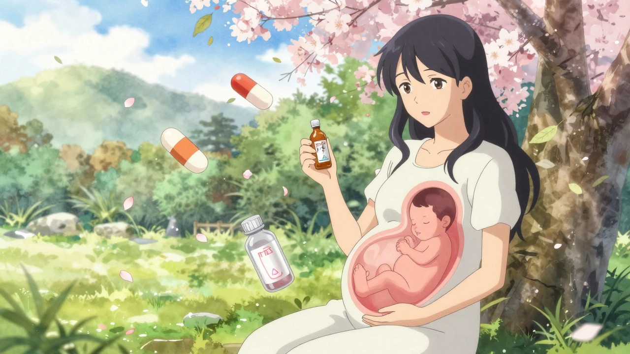 Schwangere Frau im Garten mit Transparenz des Fötus, gefährliche Pillen als fallende Blätter um sie herum.