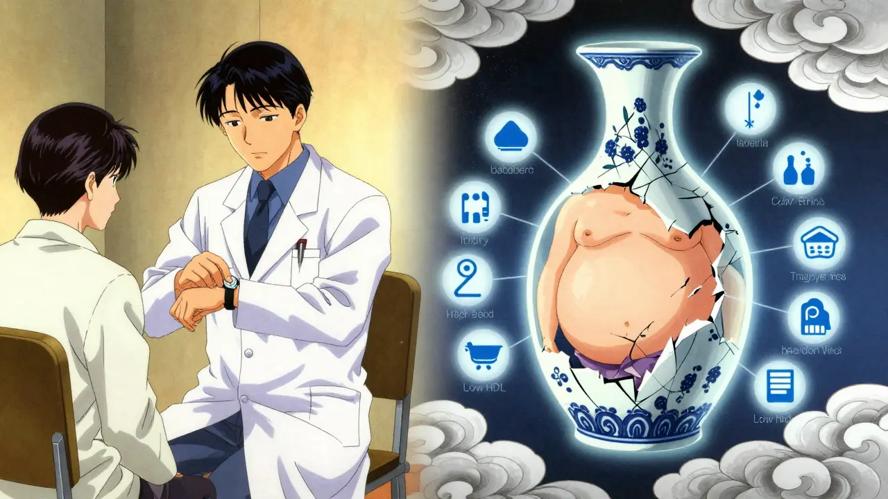 Split scene: psychiatrist rushing through consultation while metabolic syndrome diagram cracks like porcelain.