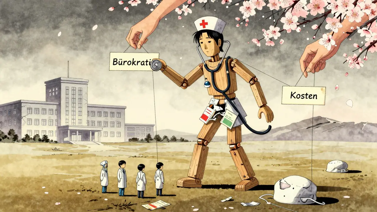 Symbolisches Bild eines zerbrochenen Gesundheitssystems als Holzpuppe in einer leeren Landschaft.