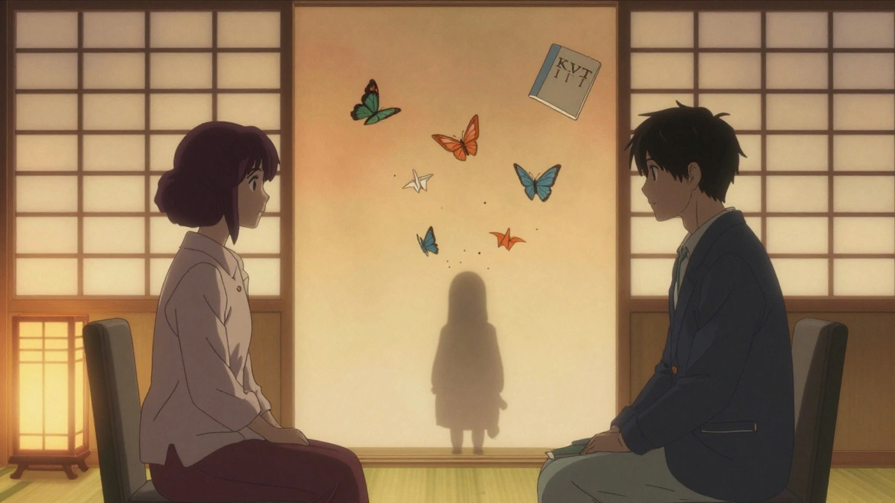 Therapeut und Patient in einem ruhigen Raum, kognitive Muster verwandeln sich in Papierkräne.