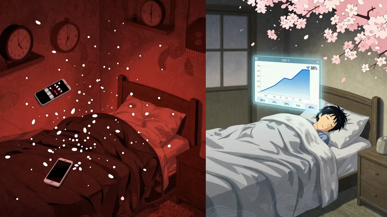 Vergleich: chaotische Schlafzimmerseite mit Pillen vs. ruhige Seite mit schlafender Person und wachsender Schlafquote.