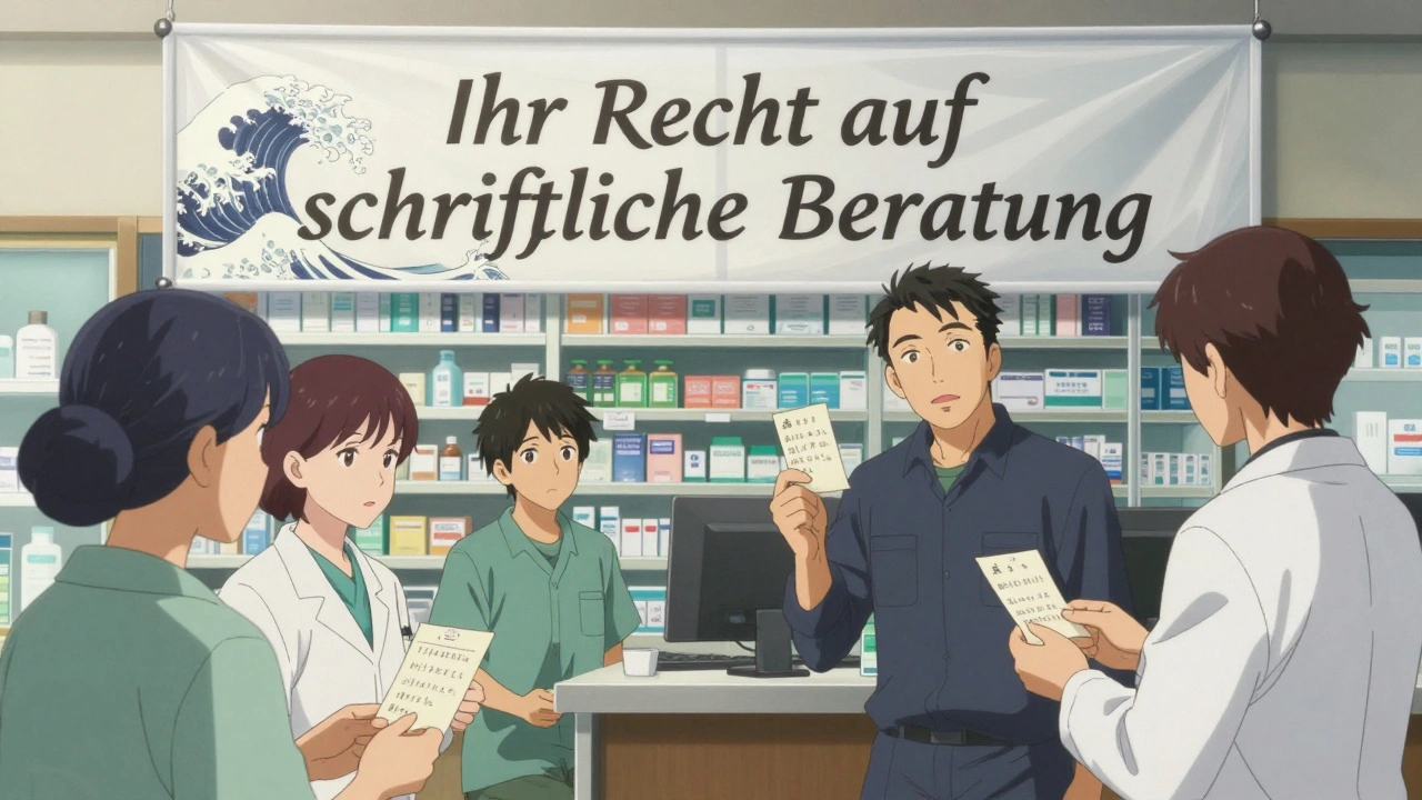Verschiedene Patienten halten schriftliche Beratungszettel, während sie mit einem Apotheker sprechen.