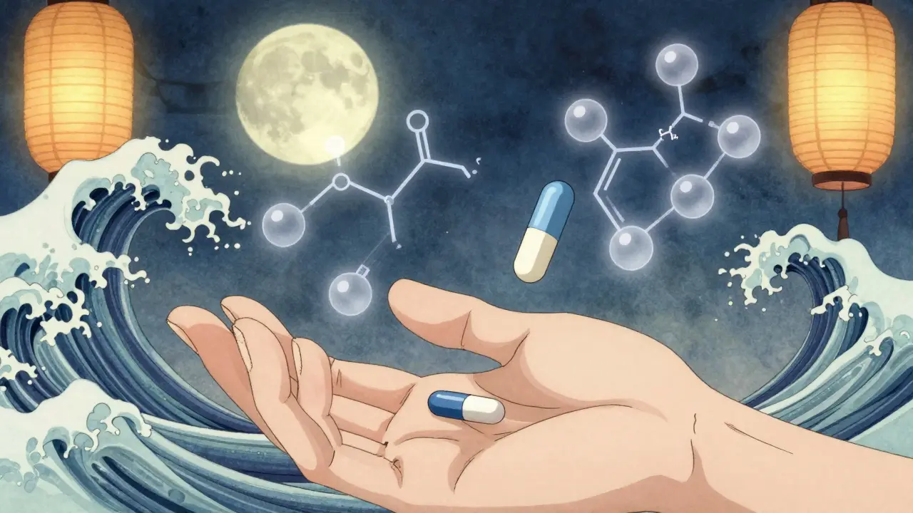 Zwei Tabletten mit identischen Molekülstrukturen, die als wellenförmige Ukiyo-e-Muster schweben.