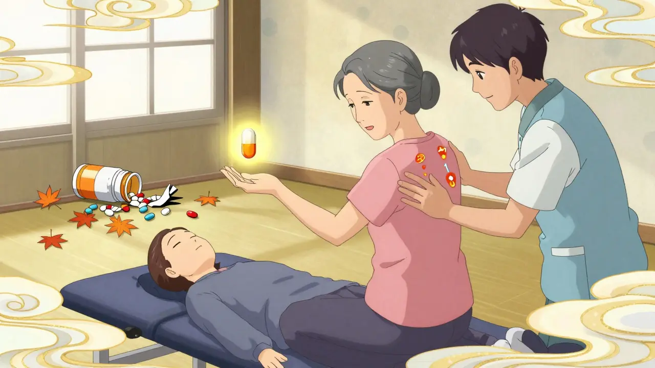 Ältere Frau macht Physiotherapie, zerbrochene NSAID-Flaschen liegen unter Blättern, Paracetamol schwebt sicher über ihrer Hand.