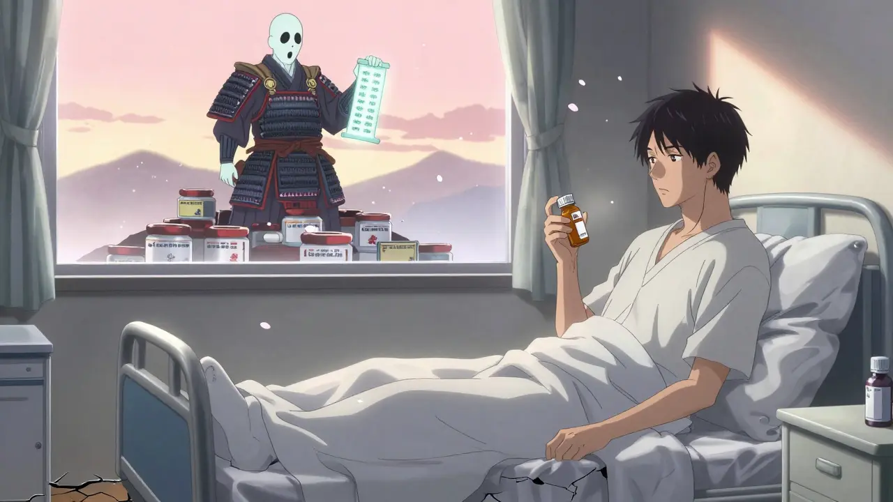 Anime-Stil: Patient hält Pillenflasche, deren Etikett zwischen Generikum und Warnsymbol flackert, hinter ihm ein geisterhafter FDA-Inspektor.