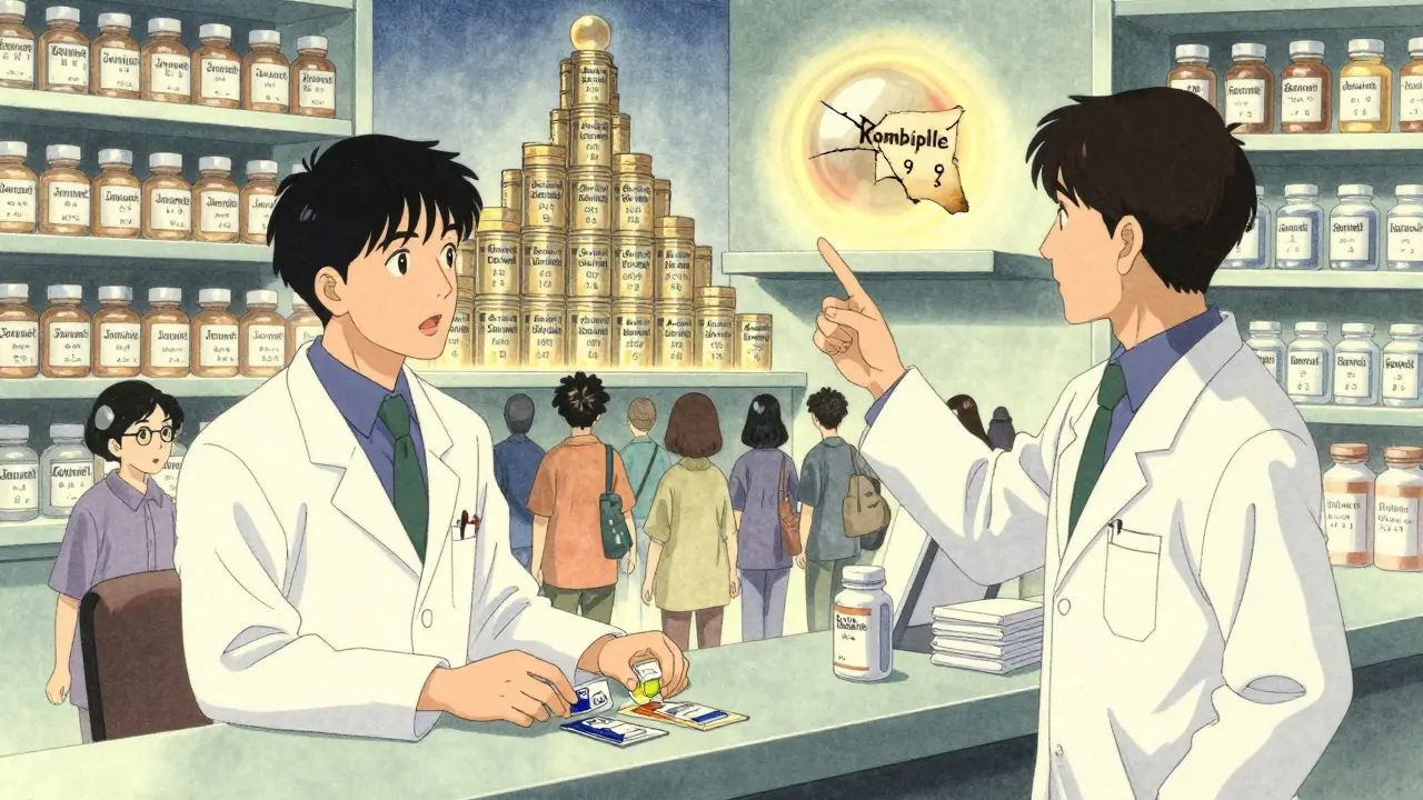 Apotheker reicht Generika an einen Patienten, während teure Kombipillen als teurer Turm hinter ihnen auftauchen.