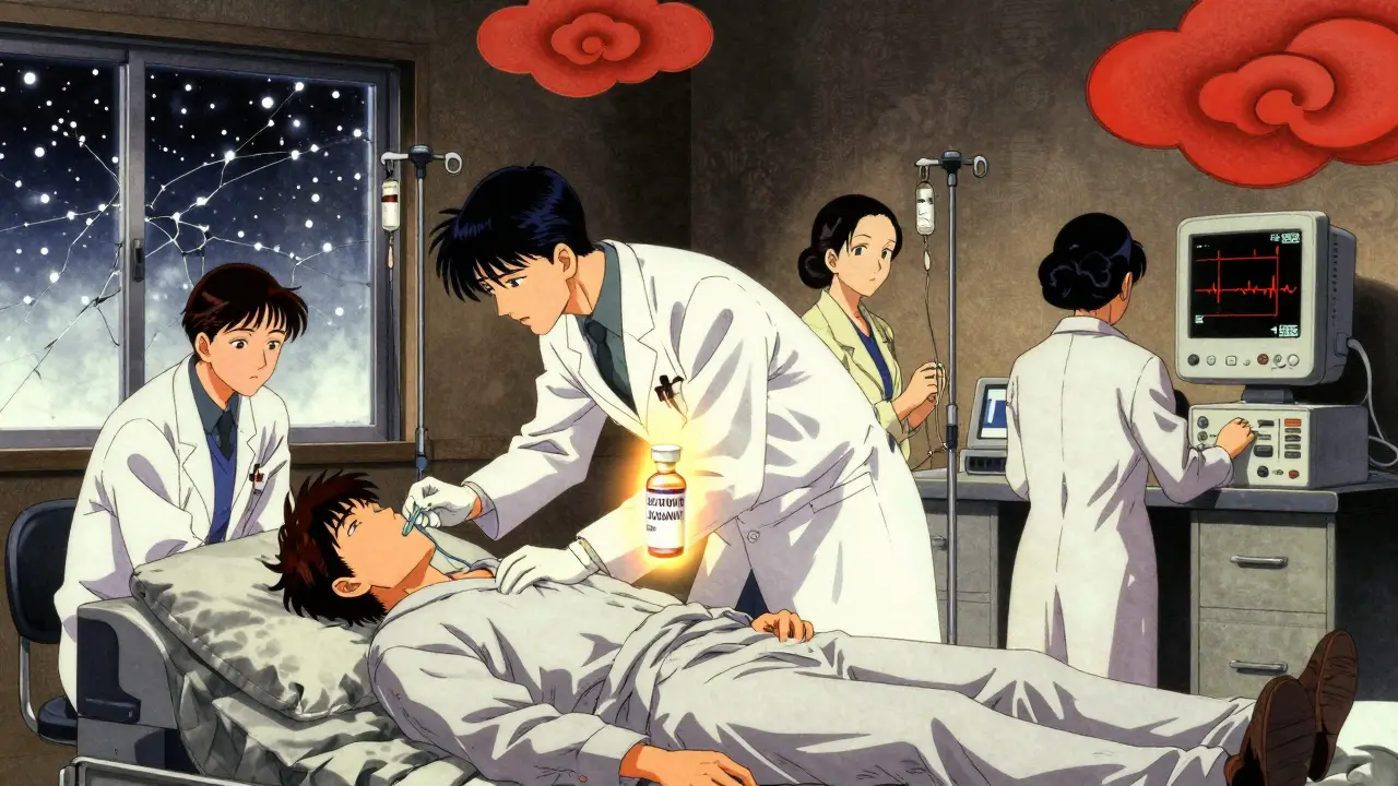 Ärzte geben Hormone intravenös, Patient mit intubiertem Atemweg, kalt-blauer Hintergrund mit Schnee außerhalb des Fensters.