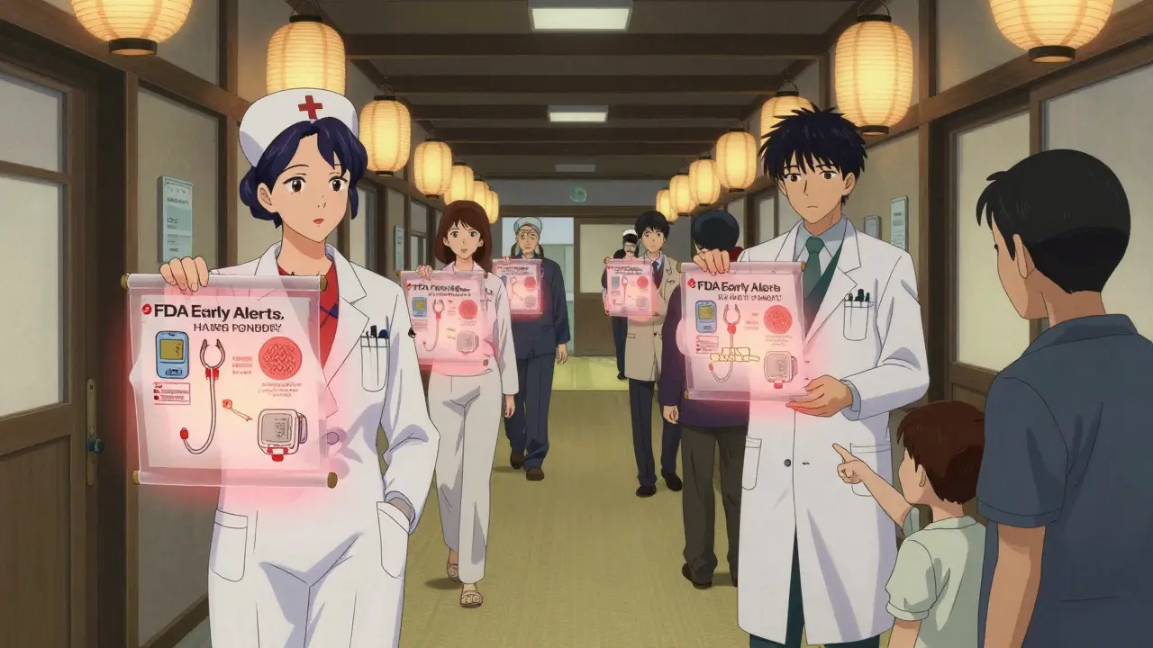 Ärzte und Patienten in einem japanisch-stilisierten Krankenhaus betrachten glowende FDA-Warnungen auf Scrollen.