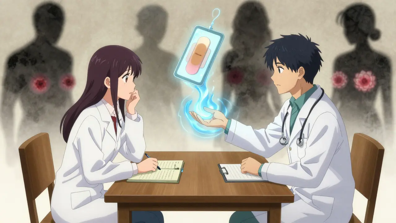 Ärztin und Patientin beraten, hormonelle Therapieformen als schwebende Symbole, beruhigende Energie.