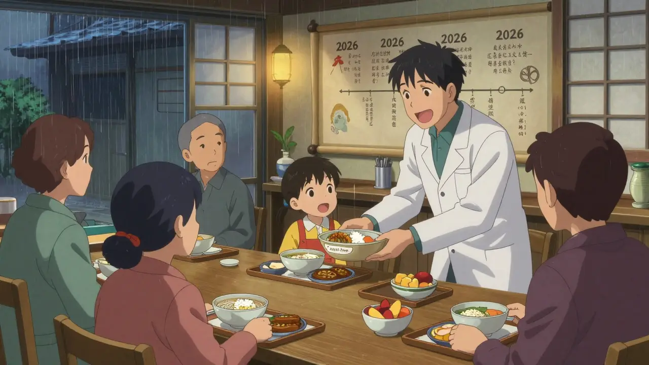 Community-Küche mit hypoallergenen Mahlzeiten, die Patienten mit Unterstützung erhalten, in beruhigendem Anime-Stil.