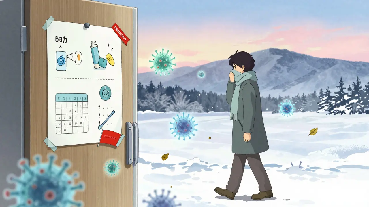 COPD-Notfallplan an der Kühlschranktür mit Symbolen für Medikamente, Impfungen und Winter-Schal.