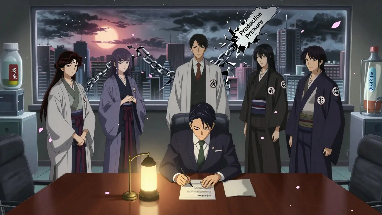 Der Vorstand unterschreibt eine Dokumentation, während die Qualitätsicherung unbeeinflusst vor ihm steht, umgeben von zerbrechenden Druckketten.