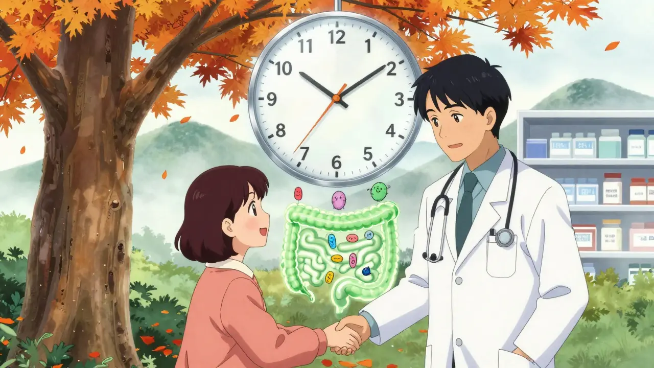 Doctor and patient under autumn tree, clock showing optimal medication timing.