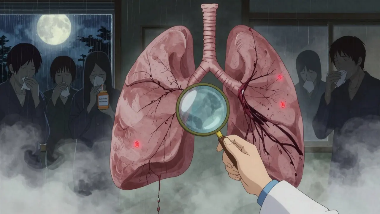 Doctor examining a fragmented lung with fibrotic threads, shadowy patients in background, moonlit rain outside.