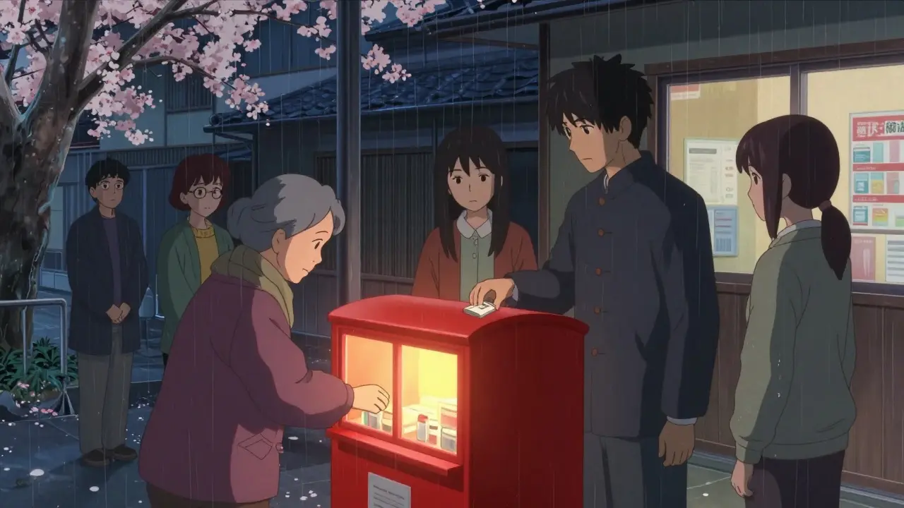 Ein anonymes Team gibt abgelaufene Medikamente in einen Rücknahmekasten einer Apotheke ab, umweltfreundlich und sicher.