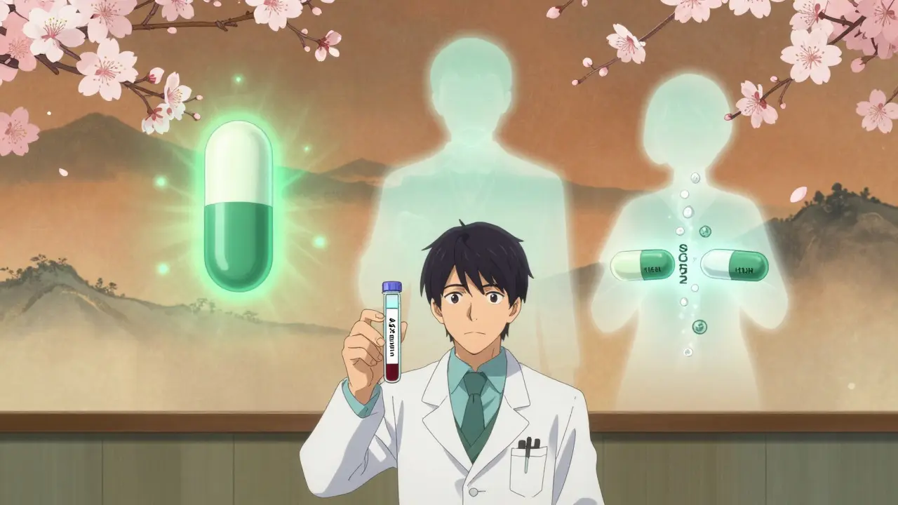 Ein Arzt hält einen Bluttest mit optimalem Kaliumwert, während therapeutische Medikamente als schwebende Symbole erscheinen.