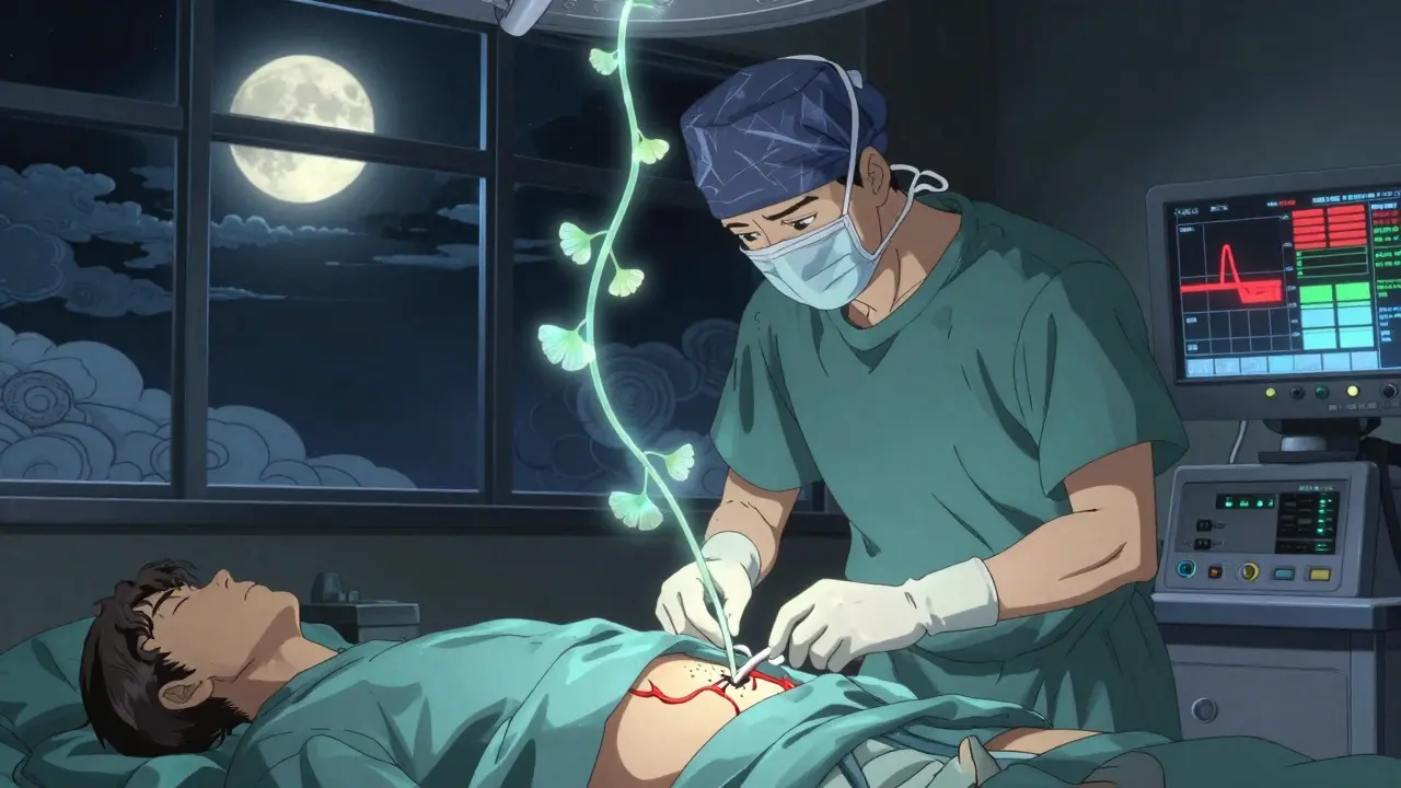Ein Chirurg stoppt eine Operation, als eine geisterhafte Kräutervine das Blutgefäß bedroht, umgeben von japanischen Wolkenmustern.