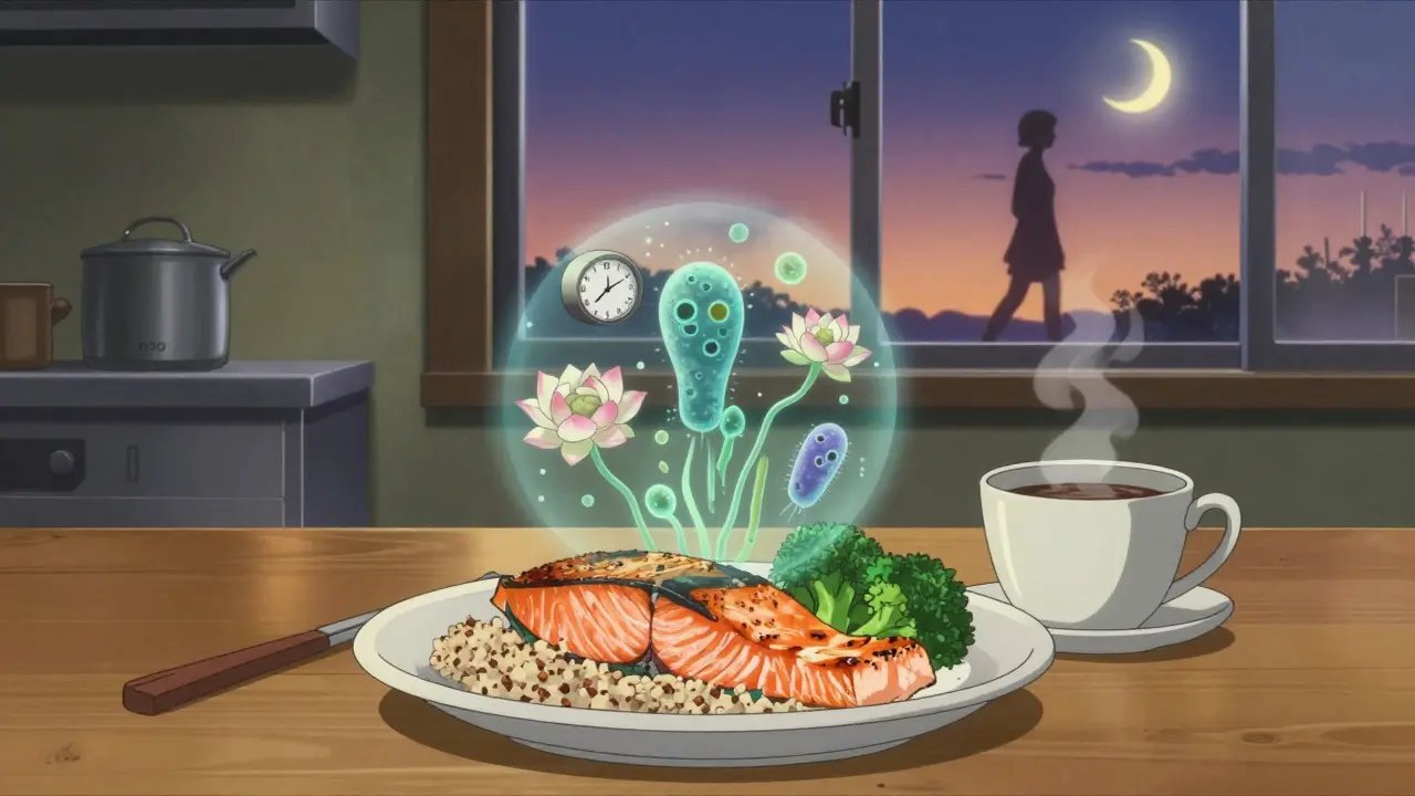 Ein gesundes Abendessen auf einem Holztisch mit sichtbaren, blühenden Darmbakterien über dem Essen, in sanften japanischen Farbtönen.