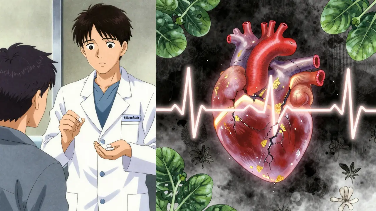 Ein Herz mit EKG-Veränderungen und Kaliumtabletten, umgeben von gesunden Lebensmitteln wie Bananen und Spinat.