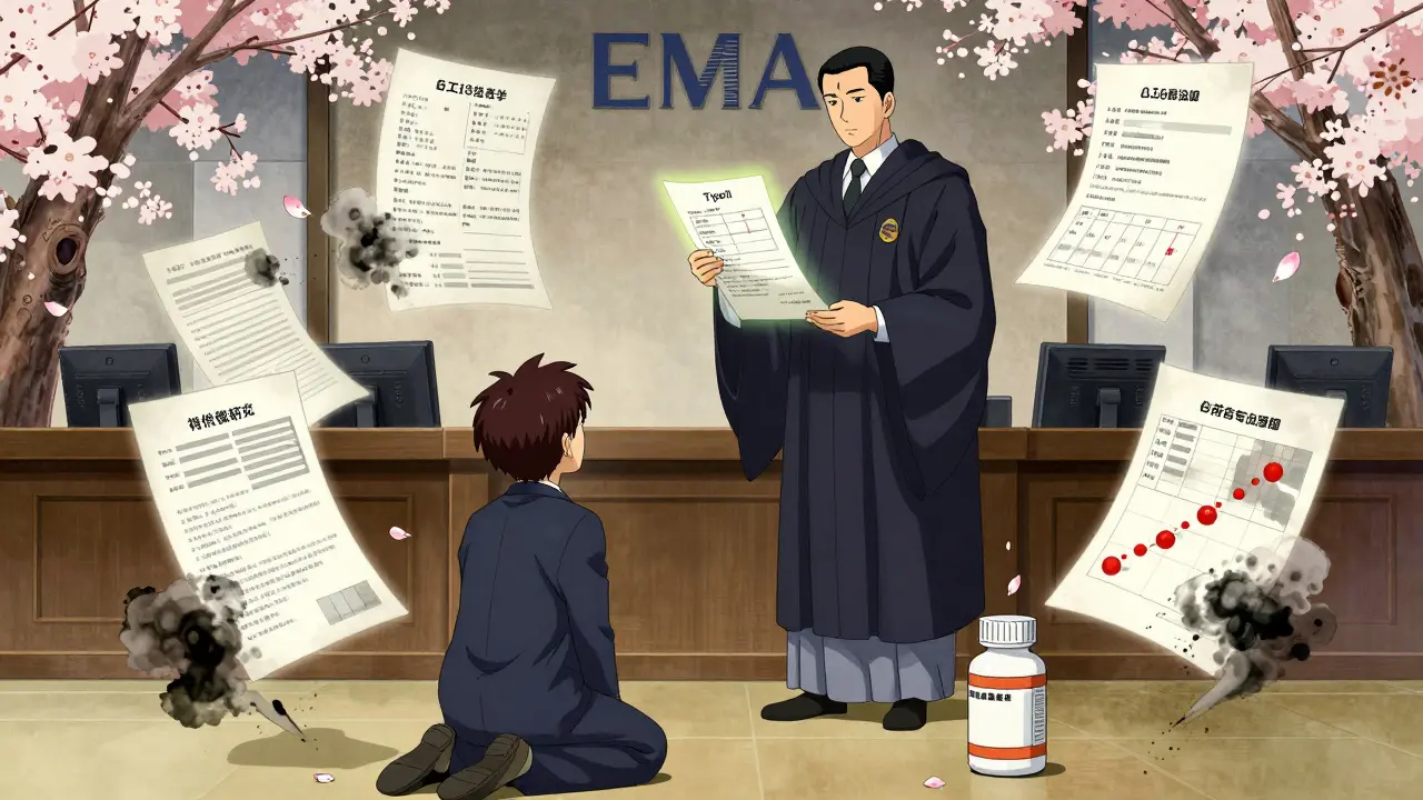 Ein kleines Pharma-Startup steht vor einer regulatorischen Behörde, während ein zurückgerufenes Medikament auf dem Boden liegt.