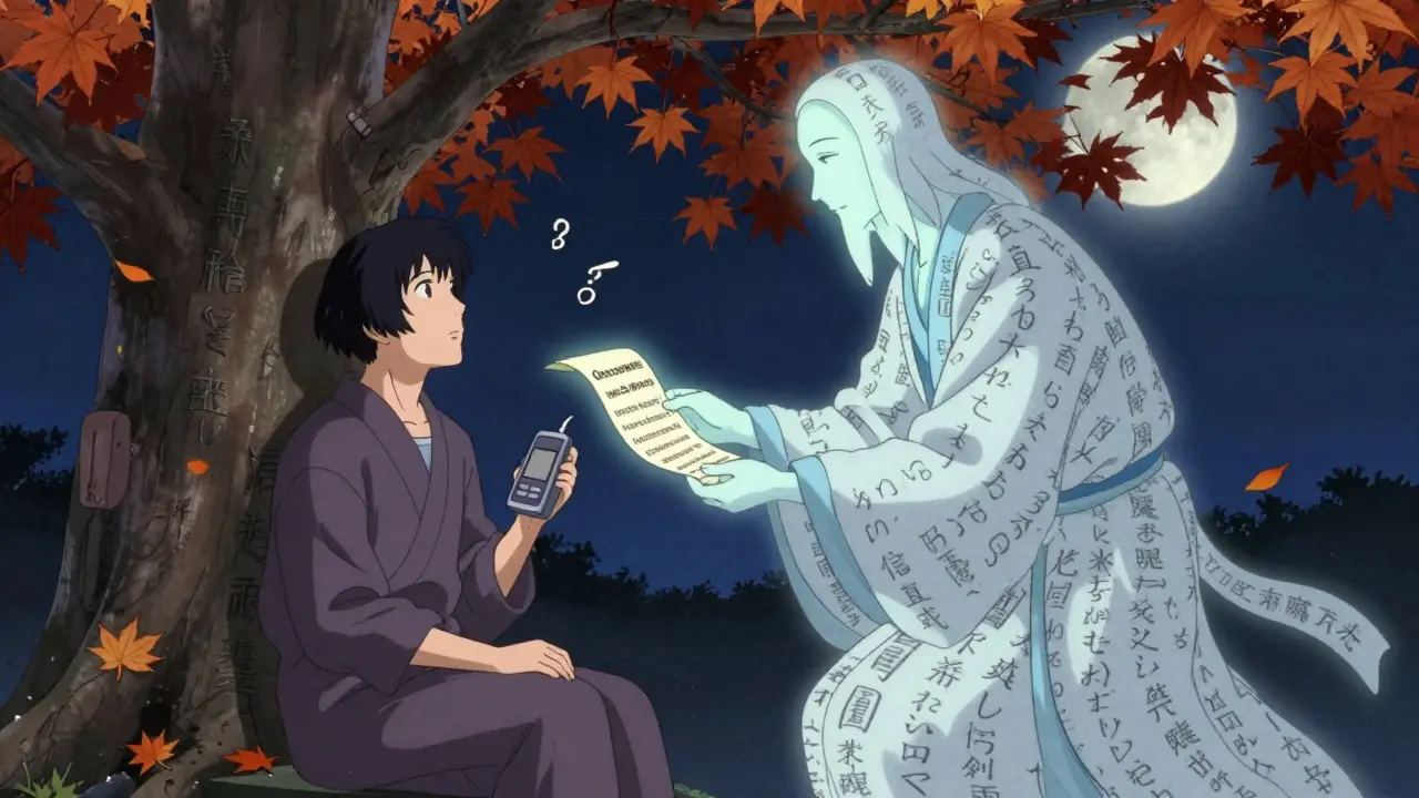 Ein Patient erhält von einem geistigen Boten eine Warnung über einen Insulinpumpen-Rückruf unter einem Ahornbaum.