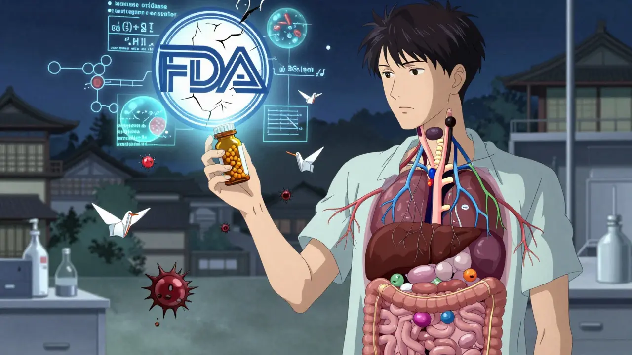 Ein Patient mit transparentem Körper, durch den Hilfsstoffe als geistartige Wesen mit biologischen Reaktionen wirken.