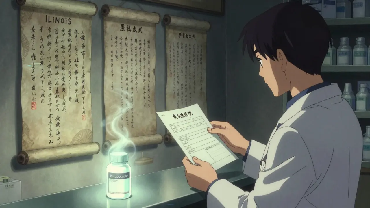 Eine Apothekerin hält ein abgelehntes Rezept, umgeben von staatsspezifischen Vorschriften als alte Rollen.