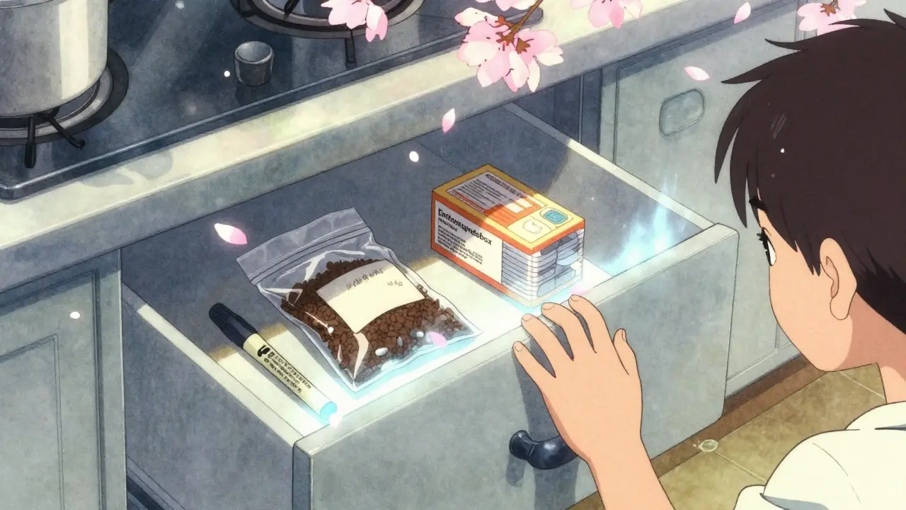 Eine Familie bereitet eine sichere Entsorgungsbox vor, um Medikamente vor Kindern und Umwelt zu schützen.