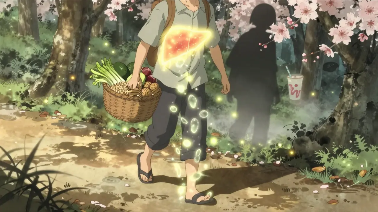 Eine Person geht durch einen Wald mit gesunden Lebensmitteln, während heilende Partikel aus ihren Füßen aufsteigen und die Leber sanft erhellen.