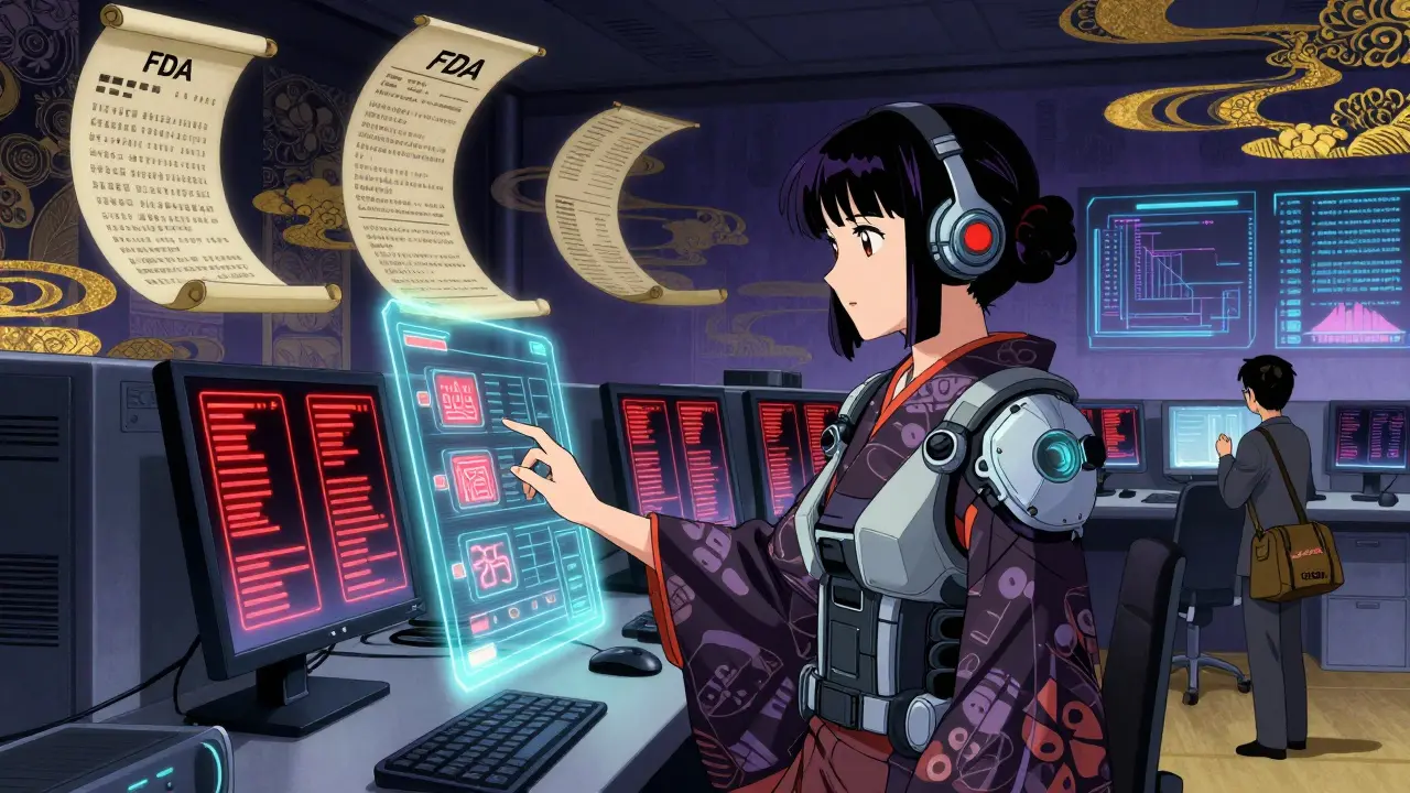 Eine QA-Spezialistin deaktiviert eine KI-Freigabe, während regulatorische Dokumente wie alte Schriftrollen in der Luft schweben.