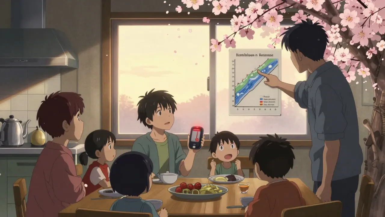 Familie betrachtet ein kontinuierliches Glukose-Monitoring-Gerät mit Warnalarm und symbolischem Blutweg.