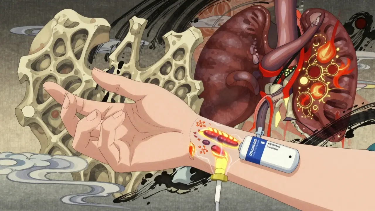 Frau erhält Bisphosphonat-Infusion, durchscheinende Knochenzellen werden geschützt, Schilddrüse und Bauchspeicheldrüse leuchten.