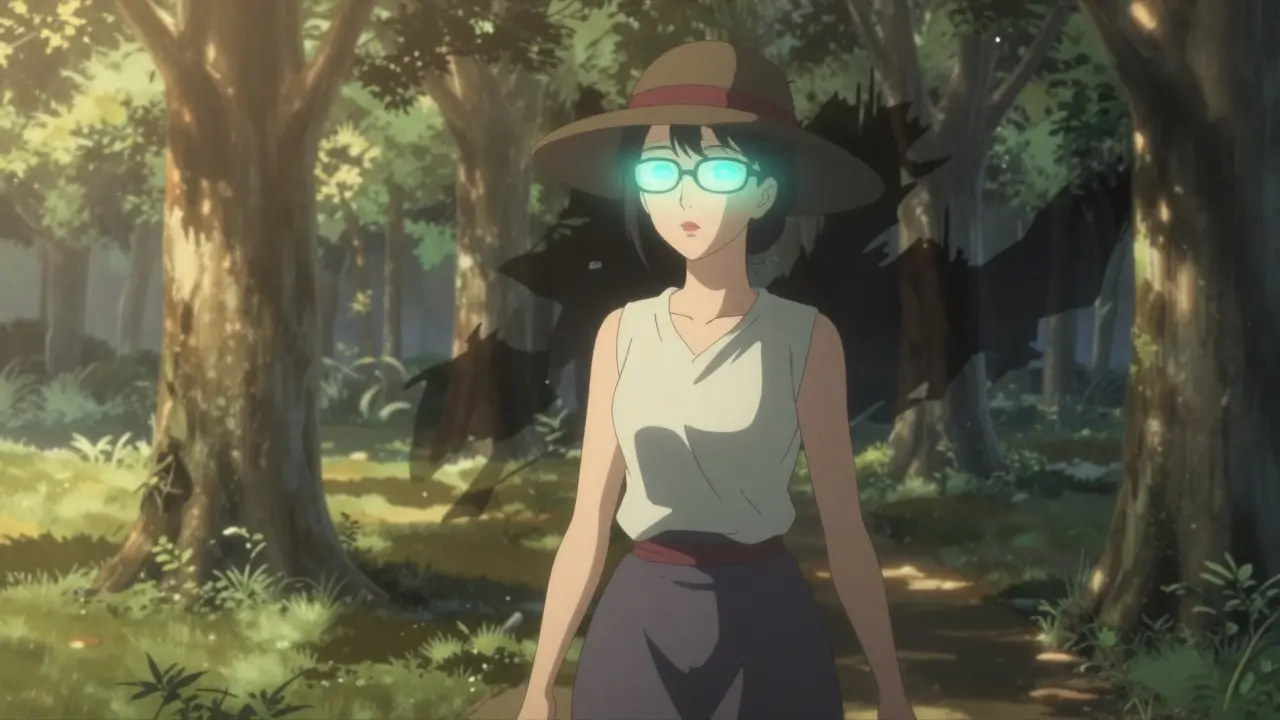 Frau spaziert am Morgen in einem Park, umgeben von sanftem Licht, symbolisch befreit von Lichtempfindlichkeit.