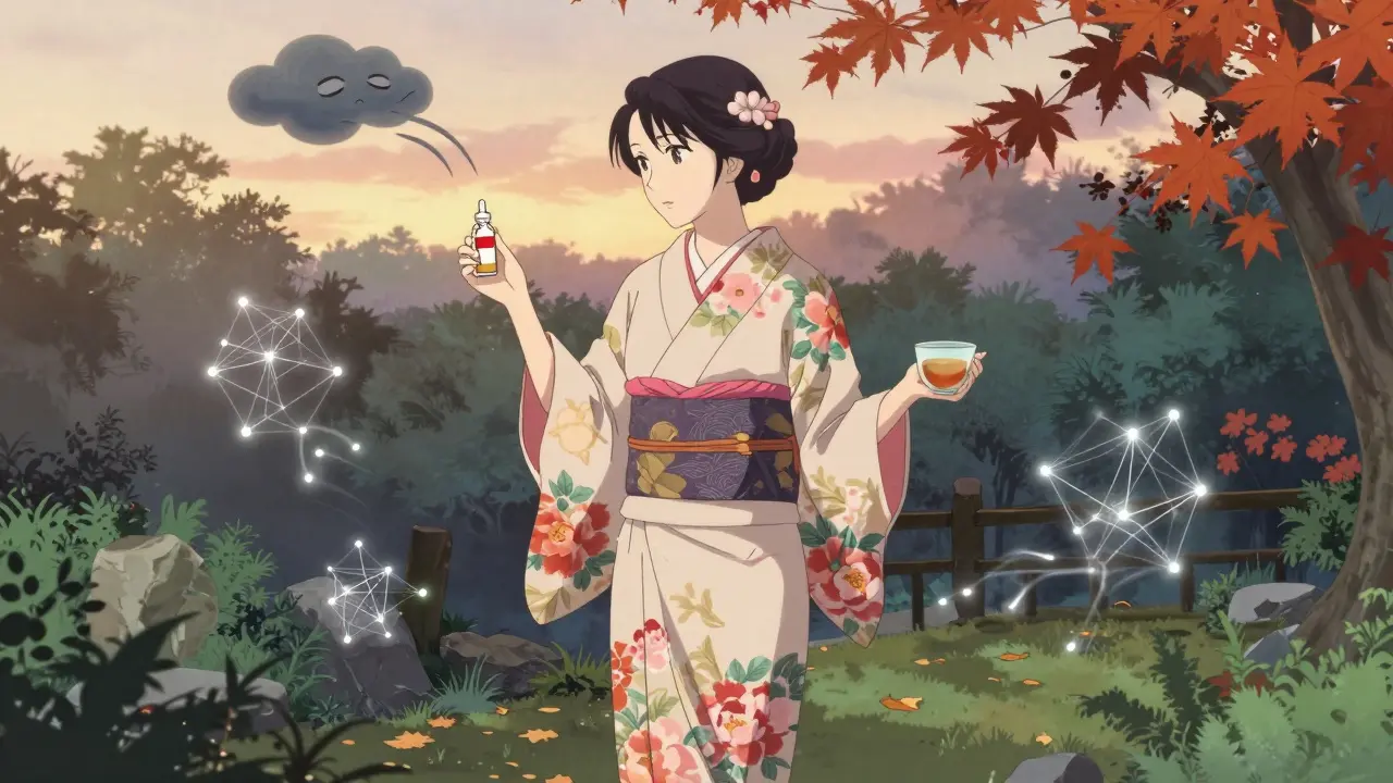 Frau spaziert im Garten, nicht-hormonelle Linderung als schwebende Lichtfäden, friedliche Stimmung.