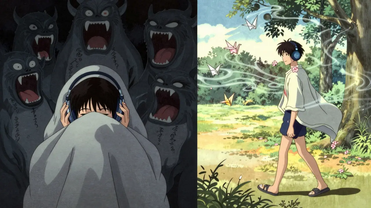 Kontrast: Angst und Isolation links, Frieden und Teilhabe rechts, mit sanften, kranichenförmigen Klangwellen.